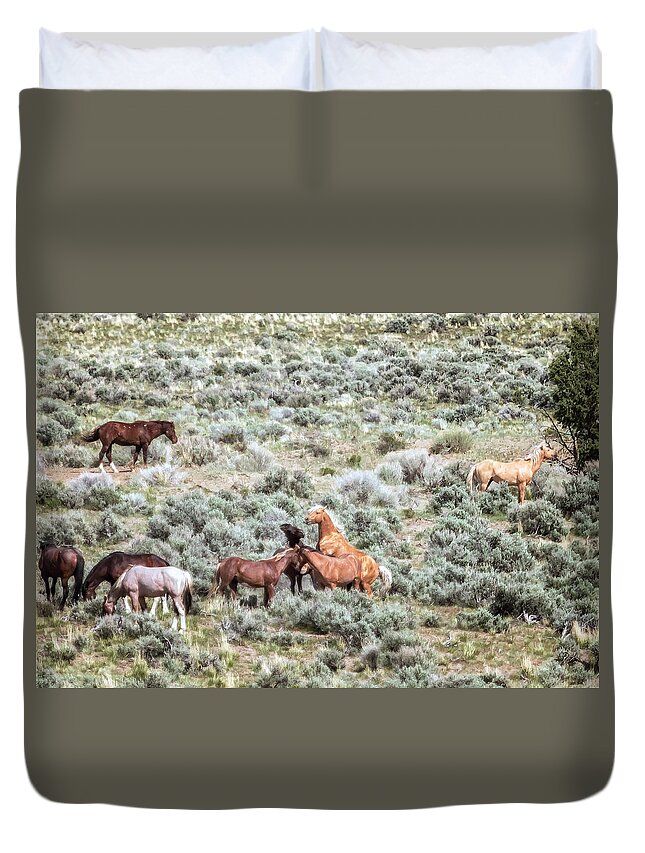 Wild Horses Duvet Cover featuring the photograph A Day in the Lives of South Steens Wild Horses, No. 1 by Belinda Greb