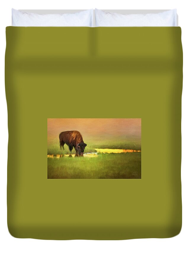 Bison Duvet Cover featuring the photograph A Drink At Sunset by Debra Boucher