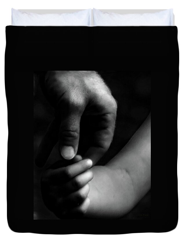 Hands Duvet Cover featuring the photograph A Fathers Touch BW by Lesa Fine