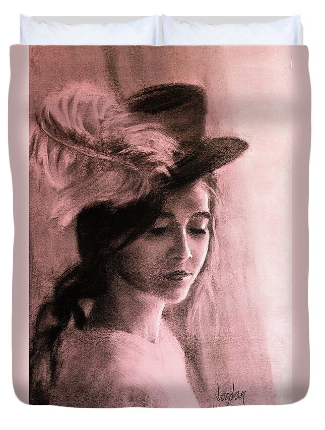 Woman Duvet Cover featuring the drawing A Feather in Her Hat by Jordan Henderson