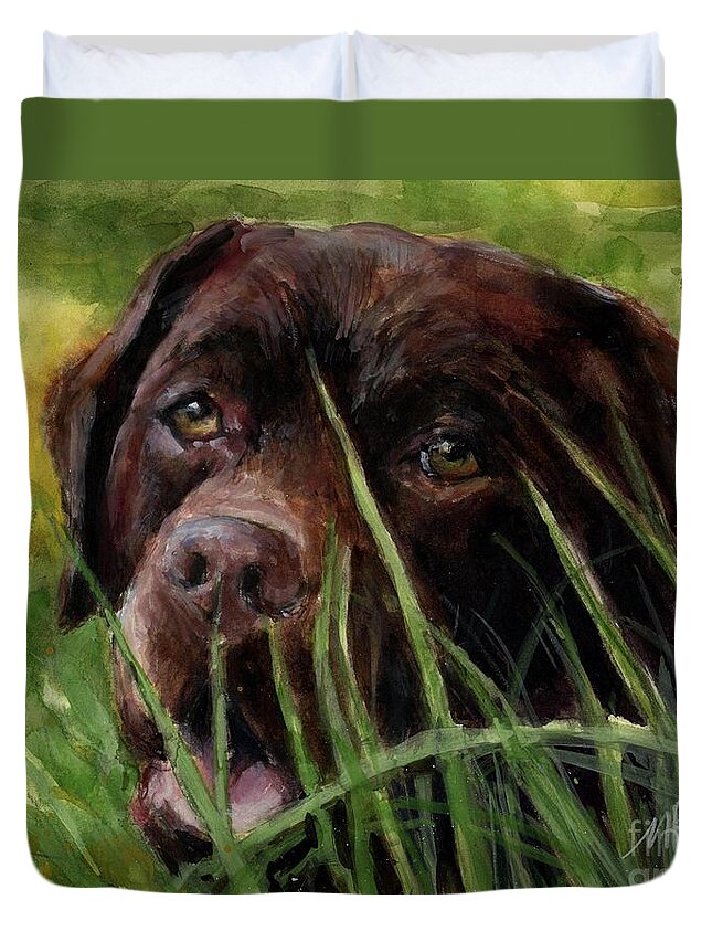 Chocolate Labrador Retriever Duvet Cover featuring the painting A Gardener's Friend by Molly Poole