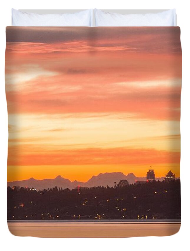 Sunrise; Orange Sky; Sun Reflected In Clouds; West Seattle; Blake Island; Yukon Harbor; Puget Sound; Cascade Mountains; Silhouettes; Shimmering Waters; Calm Waters; A Glaze Of Orange; E Faithe Lester; Faithe Lester; Faith Lester Duvet Cover featuring the photograph A Glaze of Orange by E Faithe Lester