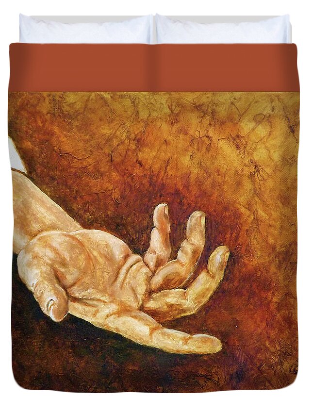 Figure Duvet Cover featuring the painting A Helping Hand by Carl Owen