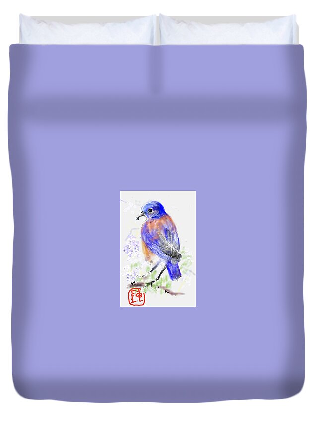 Bird. Flower Duvet Cover featuring the digital art A Little Bird In Blue by Debbi Saccomanno Chan