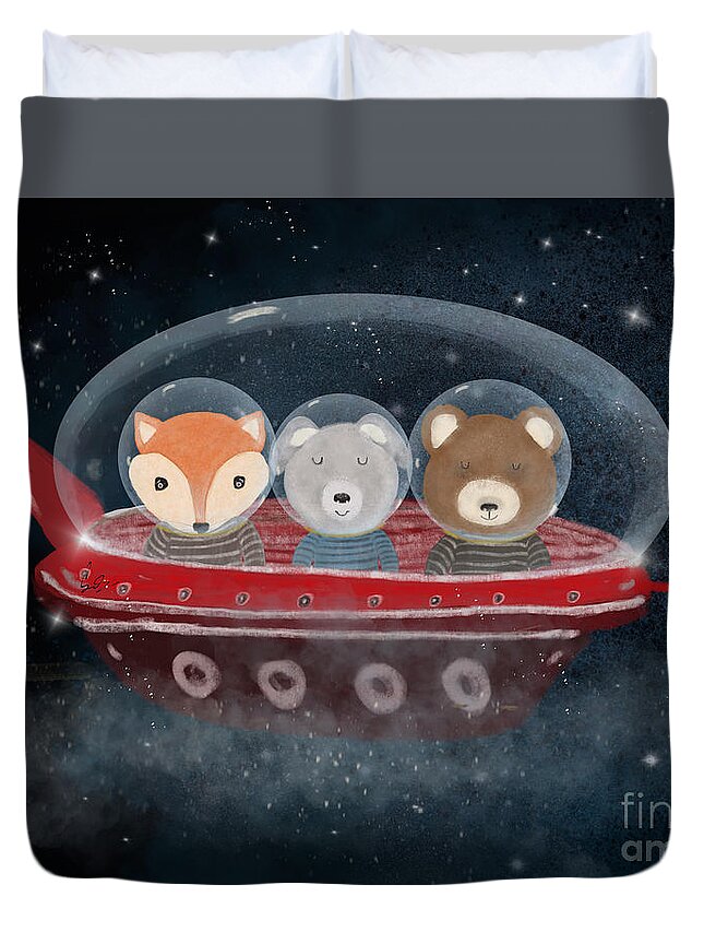 Space Duvet Cover featuring the painting A Little Space Adventure by Bri Buckley