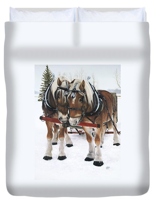  Belgium Horse Team In Winter Landscape Duvet Cover featuring the painting A Loving Union by Tammy Taylor