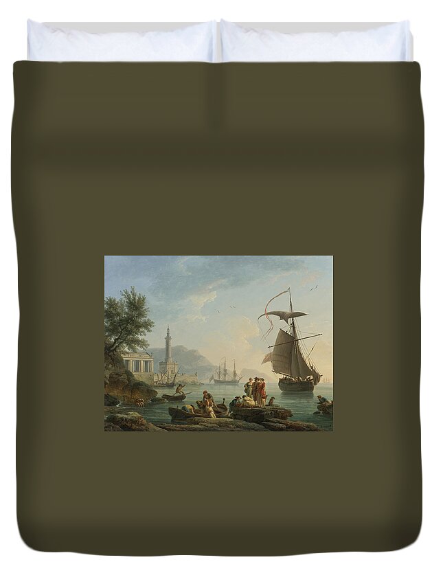 Claude Joseph Vernet Duvet Cover featuring the painting A Mediterranean Harbor At Sunset With Fisherfolk At The Water's Edge by Celestial Images
