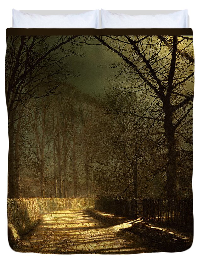 A Moonlit Lane Duvet Cover featuring the painting A Moonlit Lane by John Atkinson Grimshaw