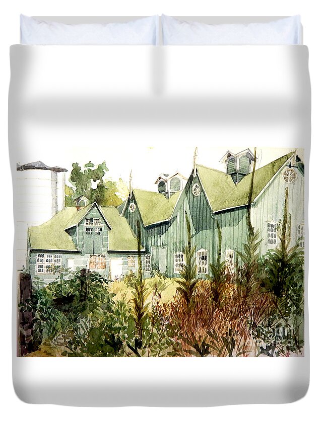 Greta Corens Watercolors Duvet Cover featuring the painting Watercolor of an old wooden barn painted green with silo in the sun by Greta Corens