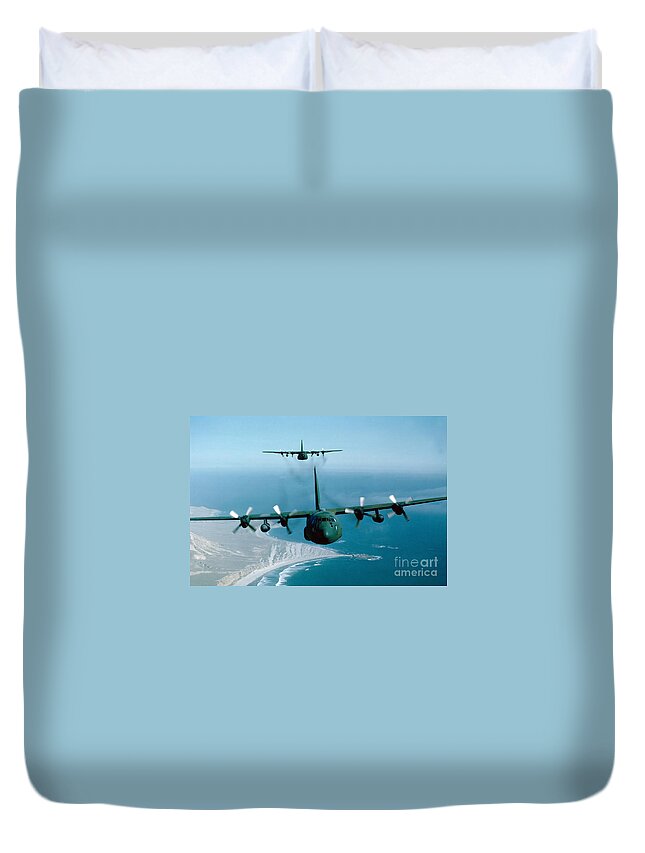 Horizontal Duvet Cover featuring the photograph A Pair Of C-130 Hercules In Flight by Stocktrek Images