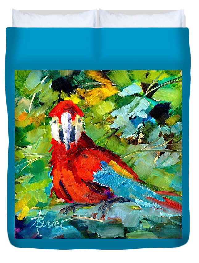 Parrots Duvet Cover featuring the painting Papagalos by Adele Bower