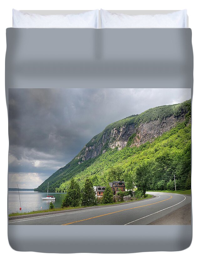 Cloudy Duvet Cover featuring the photograph A Passing Cloud at Lake Willoughby In Westmore Vermont by Nancy Griswold