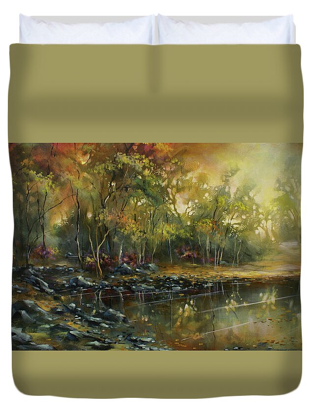 Lake Duvet Cover featuring the painting A Peaceful Place by Michael Lang
