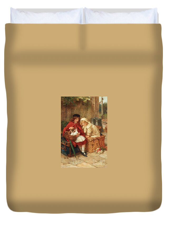 George Sheridan Knowles - A Peek In The Basket Duvet Cover featuring the painting A Peek in the Basket by MotionAge Designs