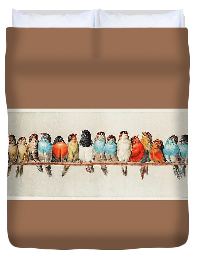 Wooden Duvet Cover featuring the painting A Perch of Birds, 1880 by Vincent Monozlay