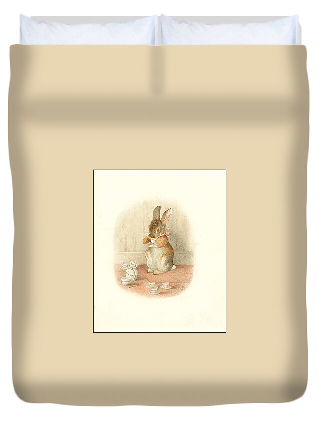 A Rabbit's Tea Party - Beatrix Potter Duvet Cover featuring the painting A Rabbit's Tea Party by Celestial Images