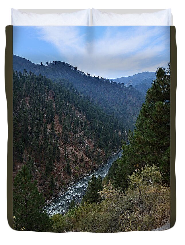Landscape Mountains River Tree Trees Sky West Western Valley Idaho Scene Scenery Water Pine Mountain Duvet Cover featuring the photograph A River Runs Through It by Ken DePue