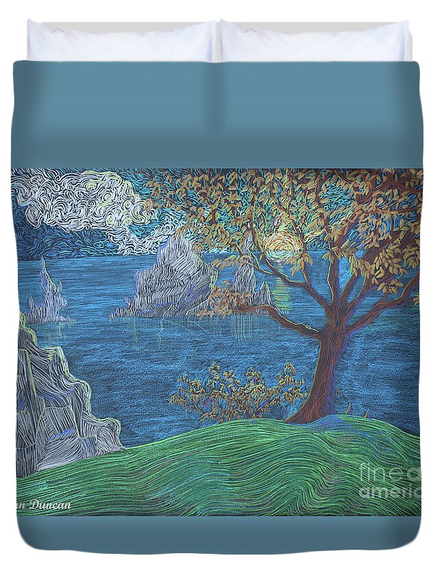 Squigglism Duvet Cover featuring the painting A Rocky Shore by Stefan Duncan