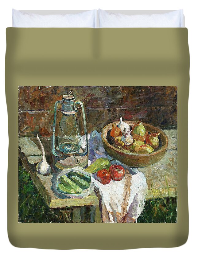 Paraffin Stove Duvet Cover featuring the painting A rustic still life by Juliya Zhukova