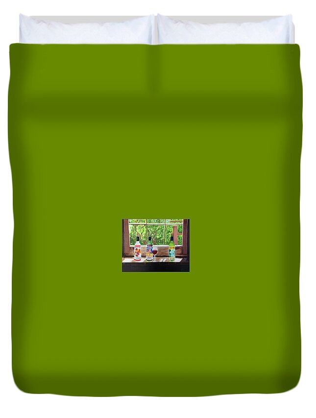 Bully Hill Wine Bottles Duvet Cover featuring the painting A Sip in Time by Cynthia Morgan