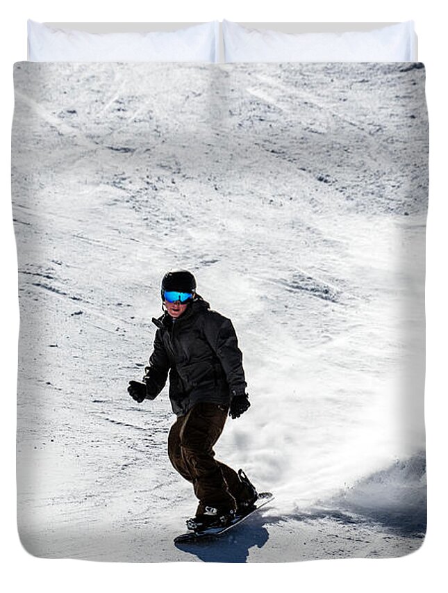  Duvet Cover featuring the photograph A snowboarder descends Aspen Mountain by Carol M Highsmith