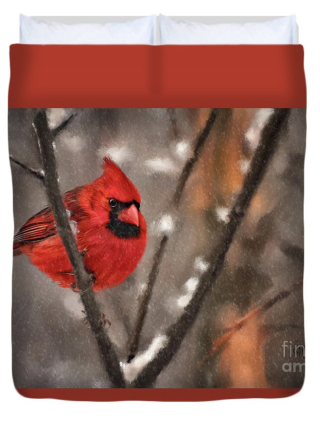 Cardinal Duvet Cover featuring the digital art A Spot Of Color by Lois Bryan