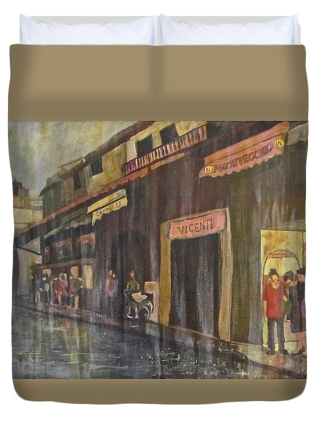 Rain Duvet Cover featuring the painting A Sudden Storm on Pontevecchio by Barbara O'Toole