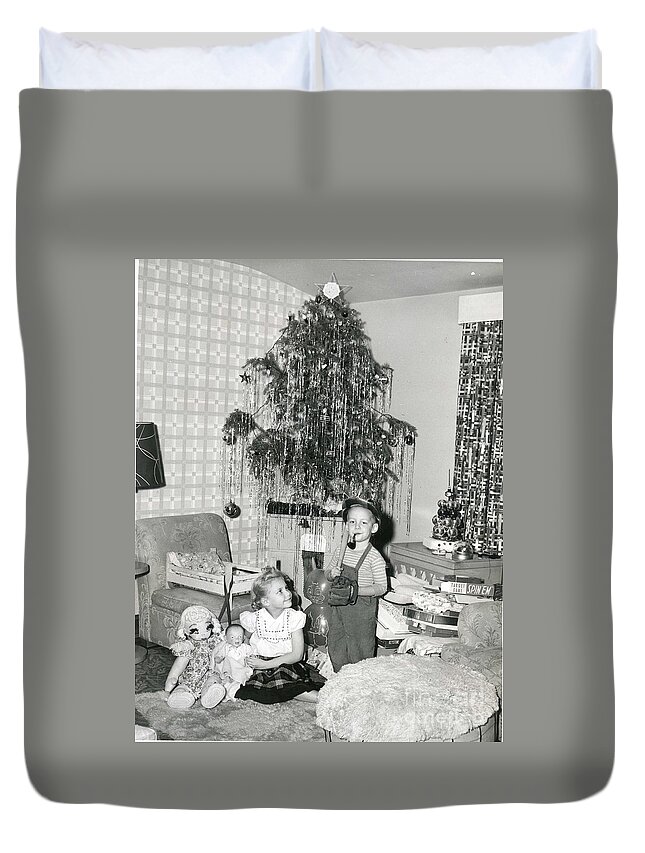 A Traditional Duvet Cover featuring the photograph A traditional Christmas American scene early 30 50 photograph by Vintage Collectables