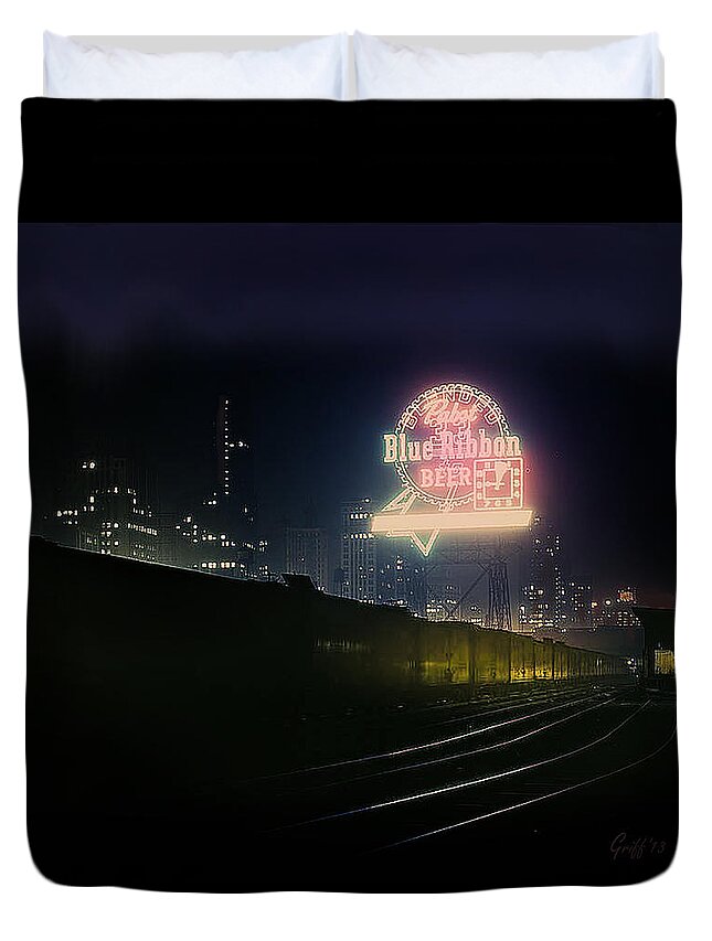 Trains Duvet Cover featuring the digital art A Train's a Comin' 1948 by J Griff Griffin