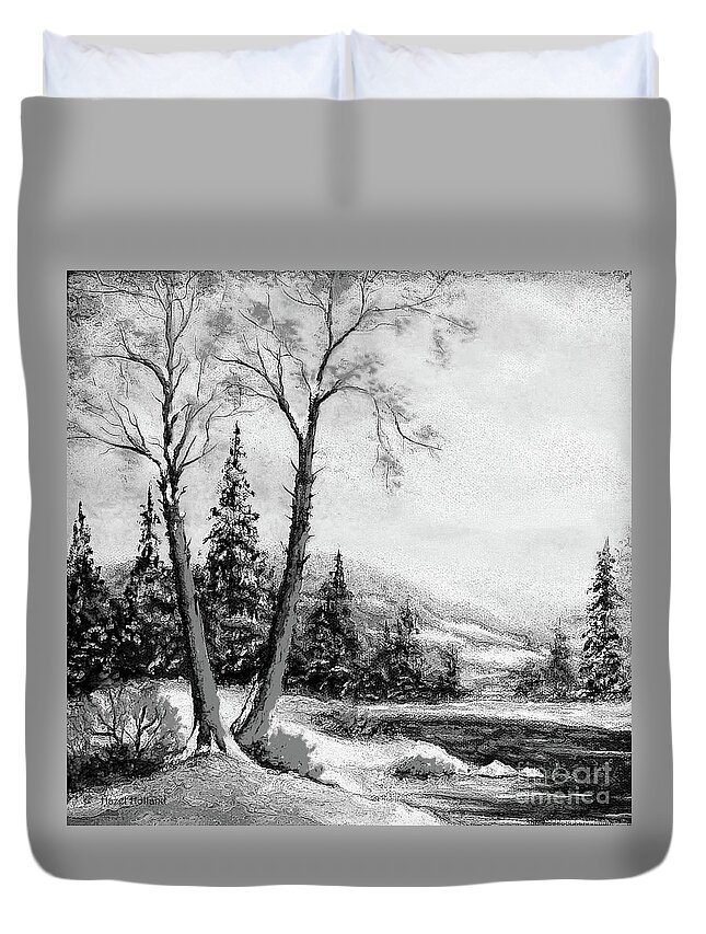 Mountains Duvet Cover featuring the painting A Winter Dawn by Hazel Holland