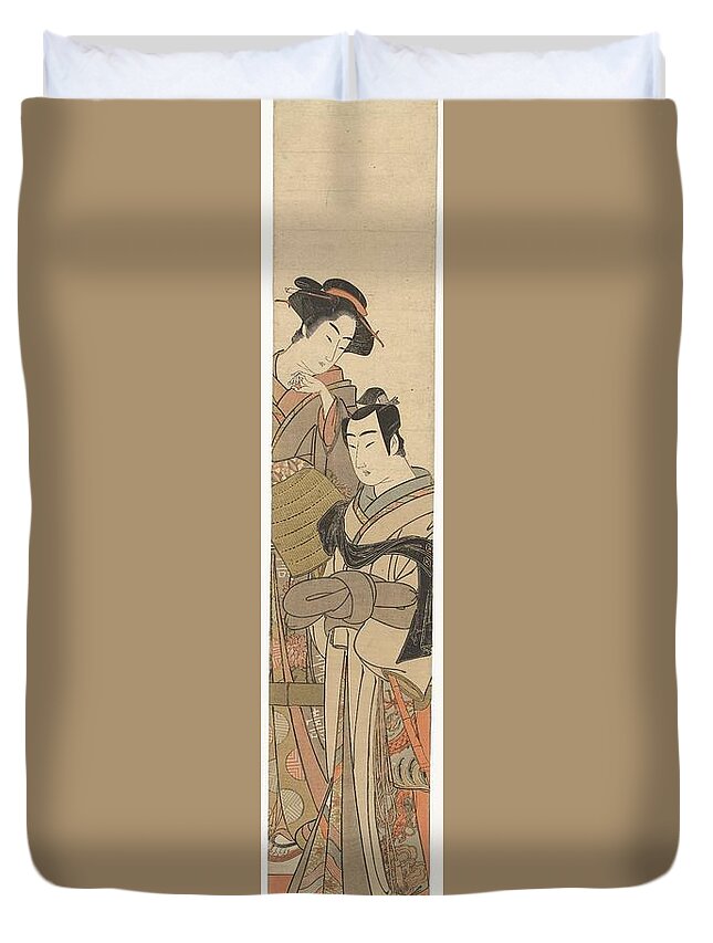 A Woman With A Young Man Disguised Duvet Cover featuring the painting A Woman with a Young Man Disguised by Kitao Masanobu