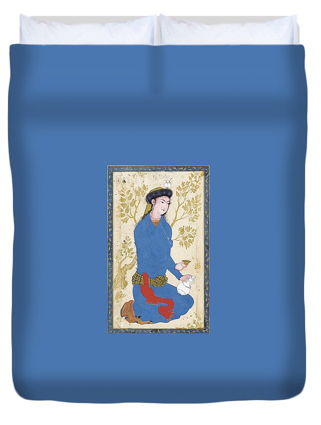 A Youth With Bottle And Cup Duvet Cover featuring the painting A Youth with Bottle and Cup by Reza-i 'Abbasi