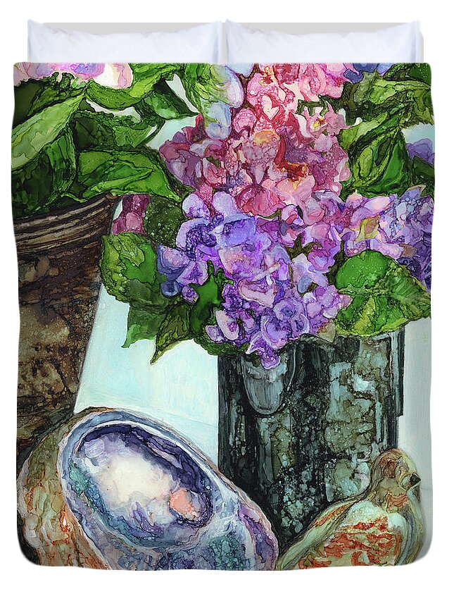 Abalone Duvet Cover featuring the painting Abalone, Hydrangea and Bird by Vicki Baun Barry