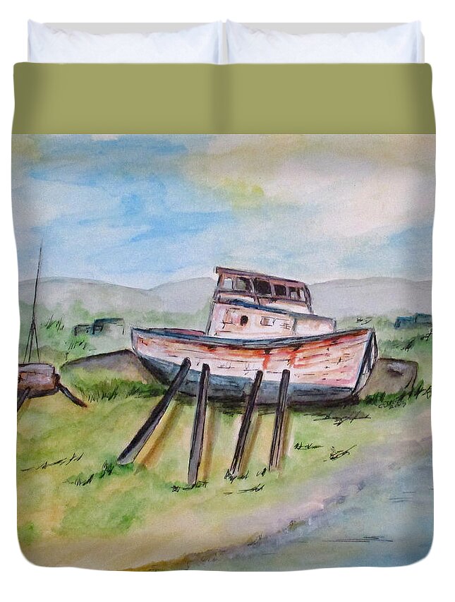 Boats Duvet Cover featuring the painting Abandoned Fishing Boat by Clyde J Kell