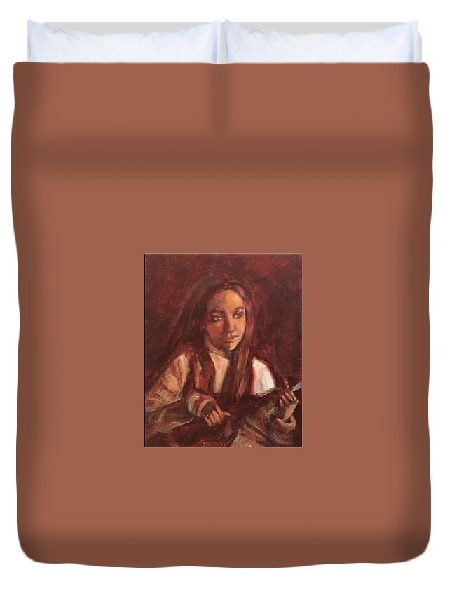Girl Duvet Cover featuring the painting Abbie and Uke by Nancy Anton