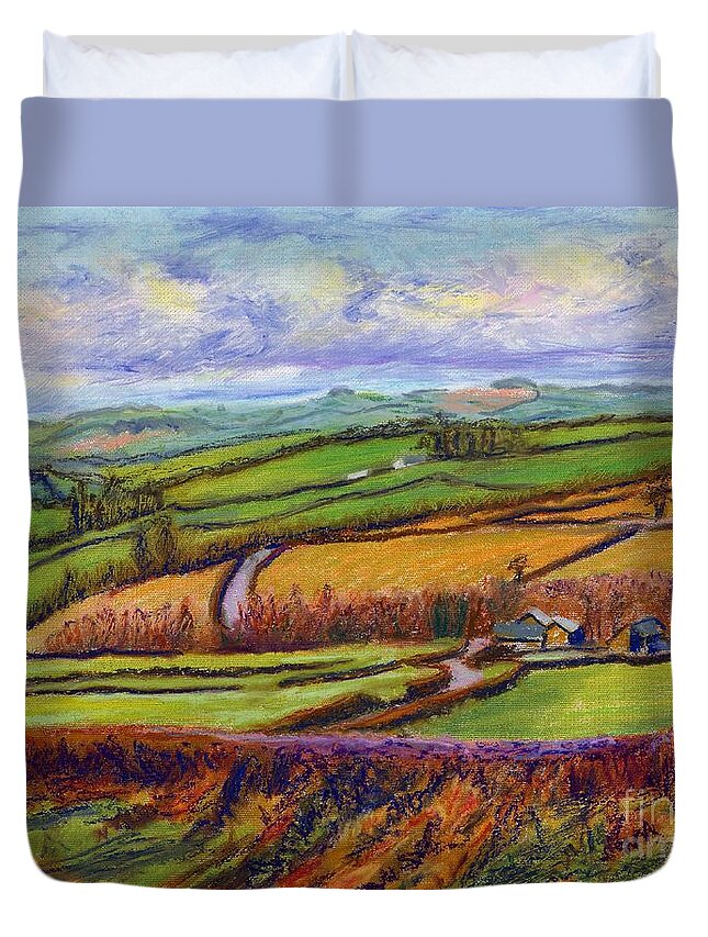 Above Cwm Mynach Cribyn Lampeter Duvet Cover featuring the pastel Above Cwm Mynach Cribyn Lampeter by Edward McNaught-Davis