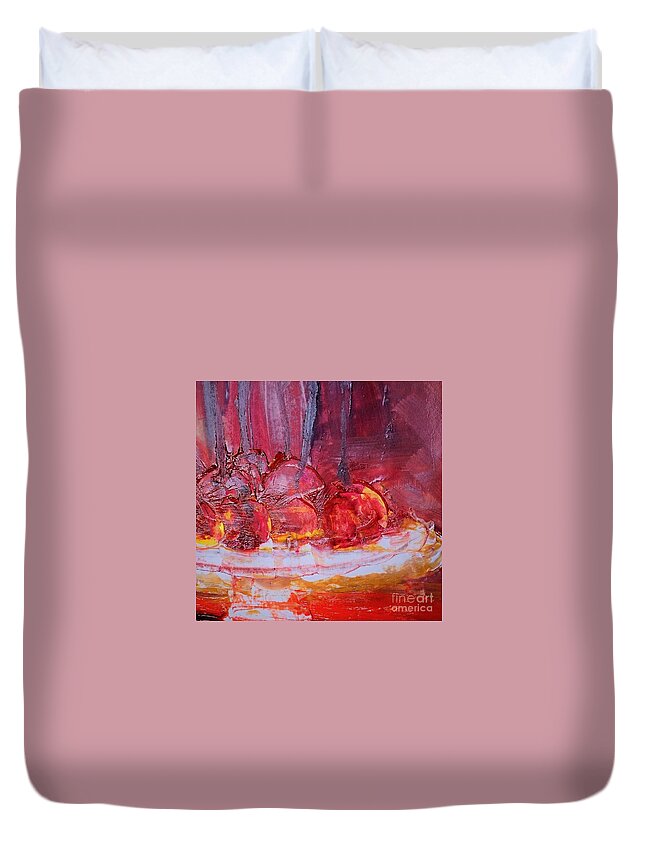 Abstract Duvet Cover featuring the painting Abstract Apples On Cake Plate Painting by Lisa Kaiser