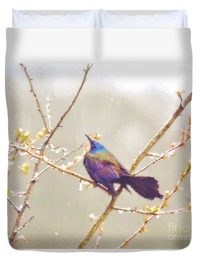 Abstract Art Duvet Cover featuring the photograph Abstract Art - Grackle In the Snow by Kerri Farley