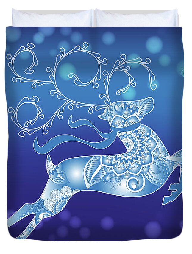 Blue Christmas Reindeer Duvet Cover featuring the digital art Abstract Blue Christmas Reindeer by Serena King