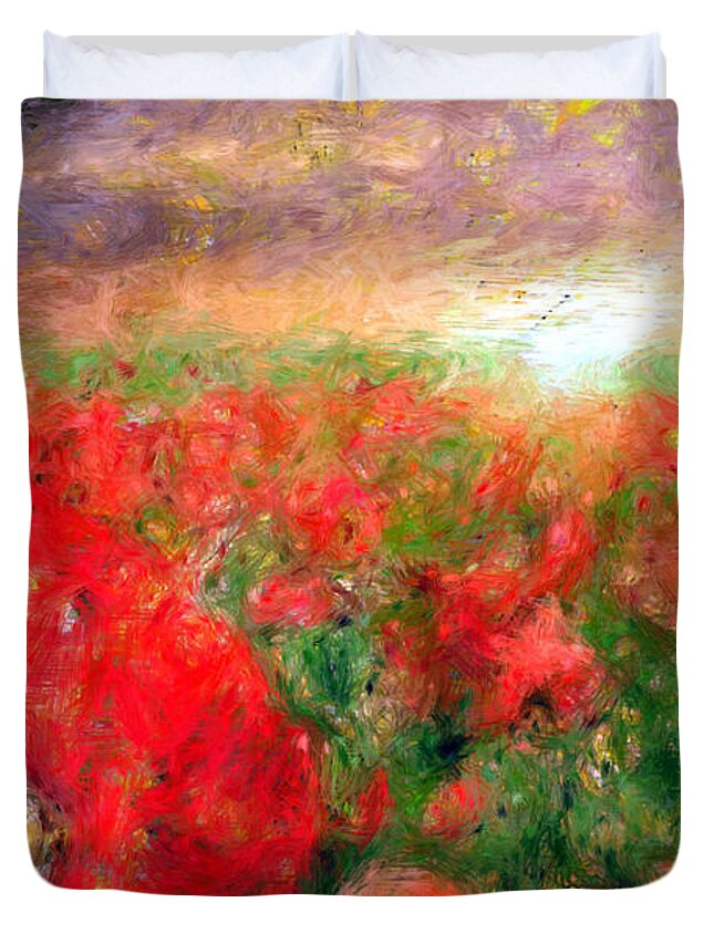 Rafael Salazar Duvet Cover featuring the mixed media Abstract Landscape of Red Poppies by Rafael Salazar