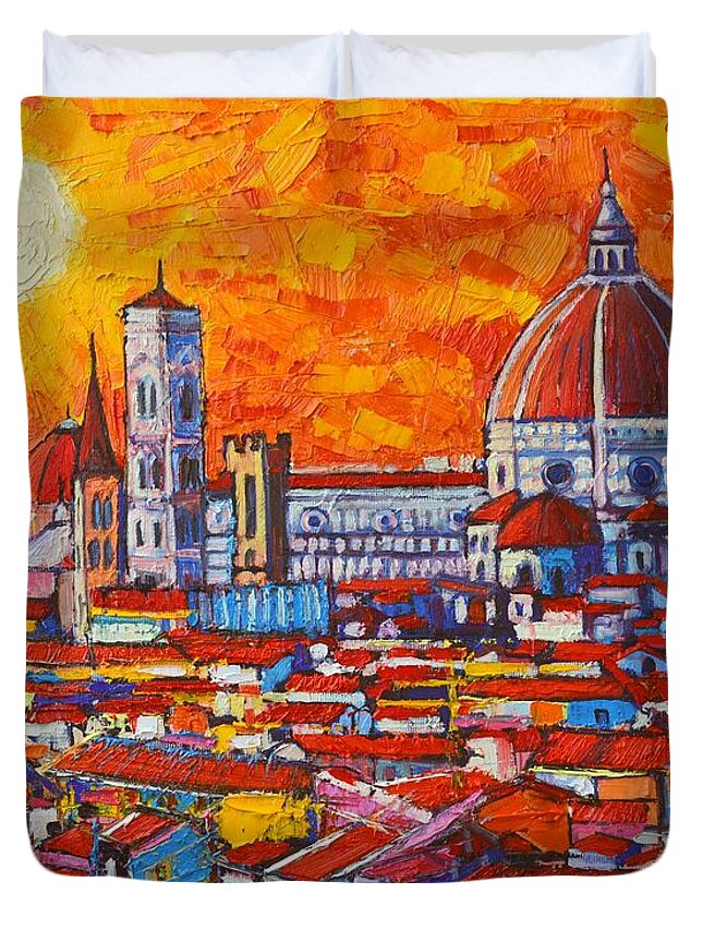 Italy Duvet Cover featuring the painting Abstract Sunset Over Duomo In Florence Italy by Ana Maria Edulescu