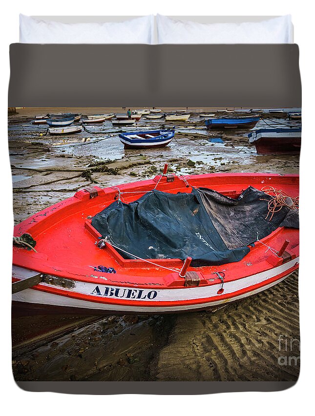 Andalucia Duvet Cover featuring the photograph Abuelo Boat at La Caleta Cadiz Spain by Pablo Avanzini