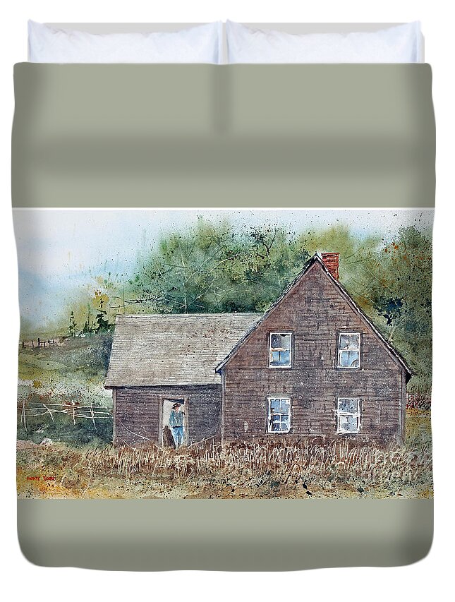 A Farmer Stands In The Doorway Of An Old Weathered House At The Acadian Historical Village Near Caraquet Duvet Cover featuring the painting Acadia House by Monte Toon