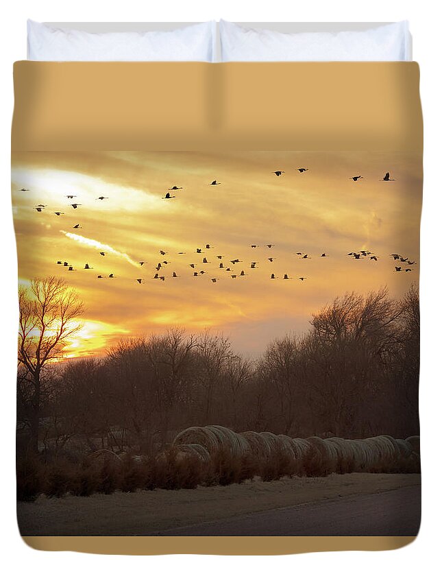 Sandhill Cranes Duvet Cover featuring the photograph Across the Sky by Susan Rissi Tregoning