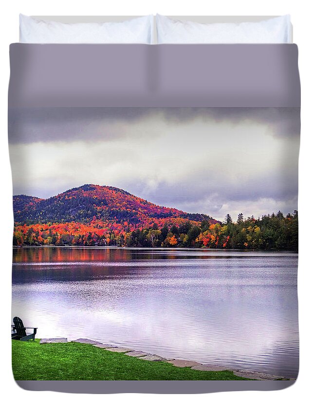 Mirror Duvet Cover featuring the photograph Adirondack Chairs in the Adirondacks. Mirror Lake Lake Placid NY New York Mountain by Toby McGuire