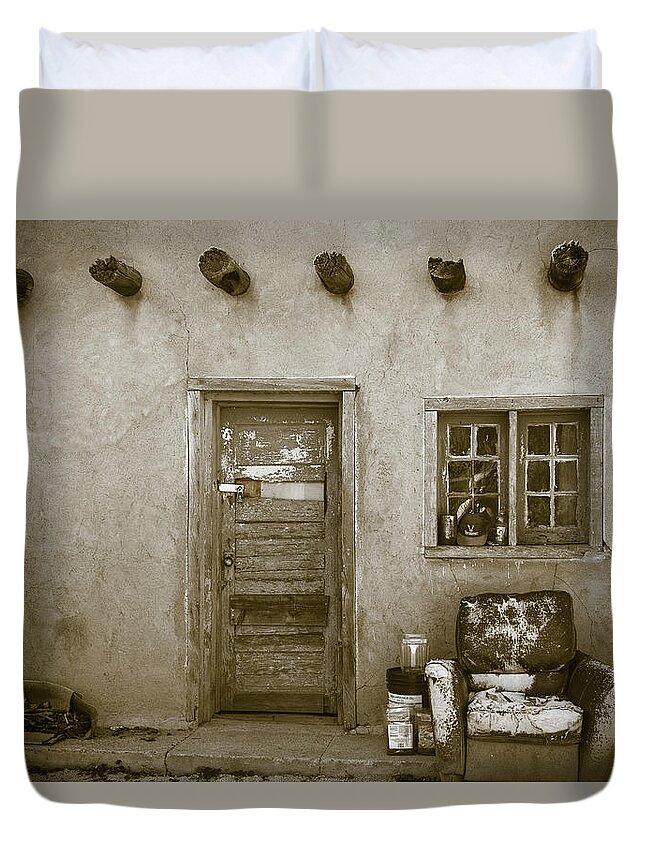 Steven Bateson Duvet Cover featuring the photograph Adobe with Chair by Steven Bateson