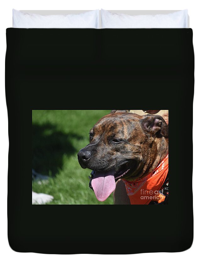 Pit-bull Duvet Cover featuring the photograph Adorable Brown Pitbull Panting in the Summer by DejaVu Designs
