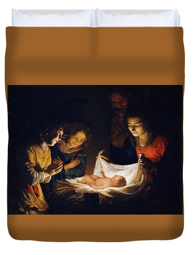 Gerrit Van Honthorst Duvet Cover featuring the painting Adoration of the Child by Gerrit van Honthorst