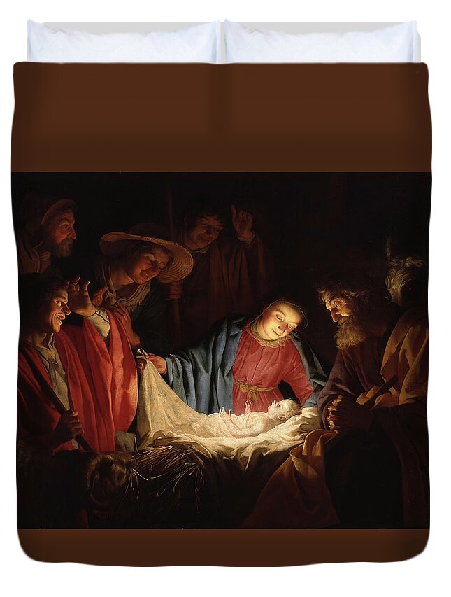 Adoration Duvet Cover featuring the painting Adoration of the Shepherds by Gerard van Honthorst 1662 by Movie Poster Prints