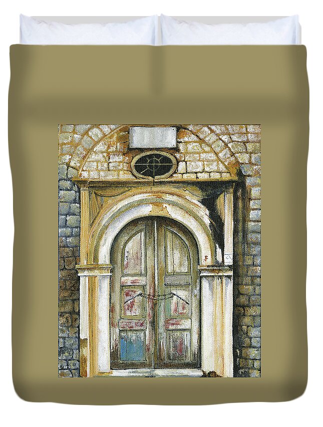 Door Duvet Cover featuring the painting Adrianou Street by Carol McCarty
